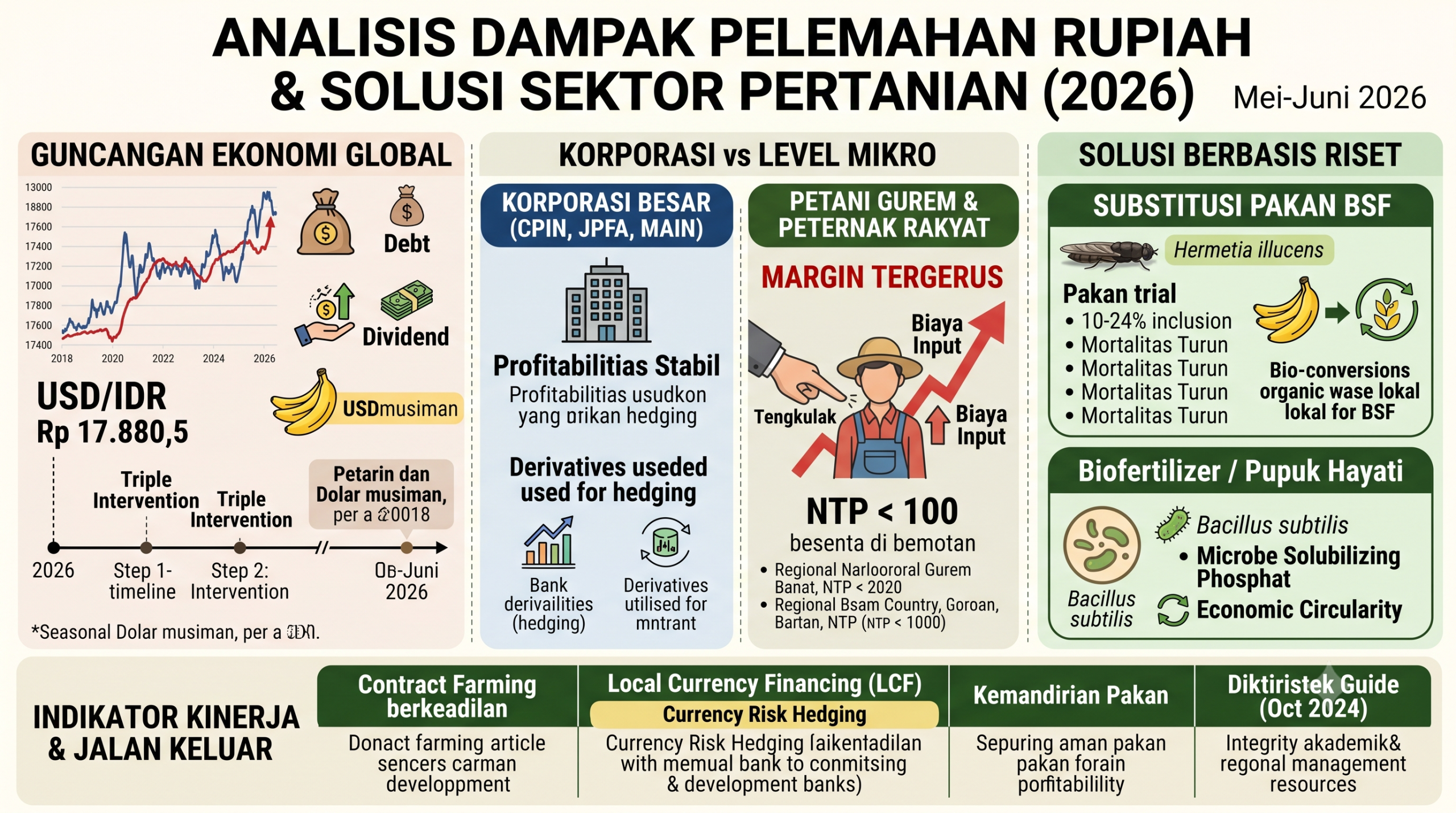 📊 Komponen Visual dan Narasi yang Direpresentasikan: Guncangan Ekonomi Global (Sisi Kiri): Visualisasi grafik pelemahan nilai tukar Rupiah hingga menembus Rp17.880,5 per Dolar AS, yang memicu lonjakan harga pakan dan pupuk impor. Analisis Dampak Kontras (Bagian Tengah): Kontras tajam antara emiten korporasi besar di bursa efek yang memiliki tameng integrasi vertikal/lindung nilai (hedging) dengan kondisi peternak rakyat/petani gurem yang terjepit margin produksi. Solusi Berbasis Jurnal Ilmiah (Sisi Kanan): Menampilkan alternatif berbasis sains berupa substitusi pakan menggunakan larva Black Soldier Fly (BSF) untuk menggantikan bungkil kedelai impor, serta optimalisasi pupuk organik hayati (biofertilizer) guna mengurangi ketergantungan pupuk kimia. Indikator Makro & Mikro (Bagian Bawah): Penyajian visual data ekonomi Triwulan I 2026, metrik Nilai Tukar Petani (NTP), serta instrumen perlindungan melalui Contract Farming yang berkeadilan.